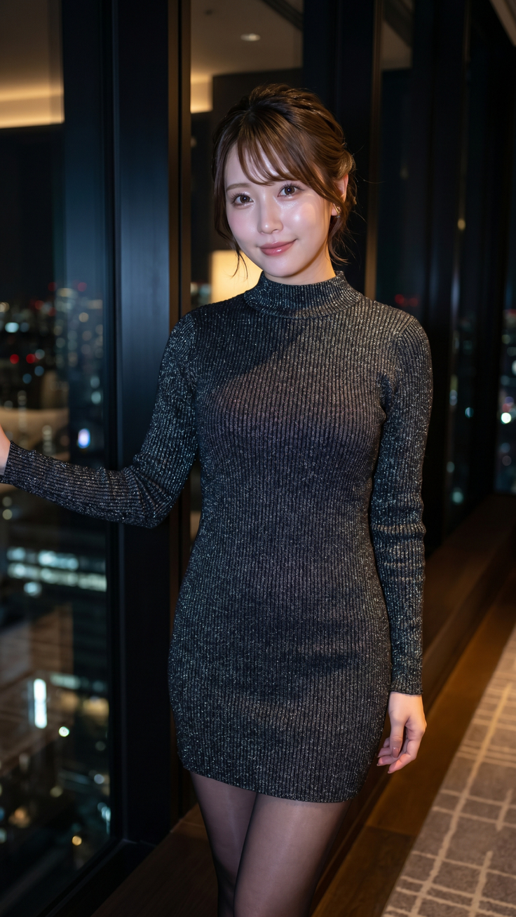 Woman in a sparkly dark dress standing by a window overlooking a city at night