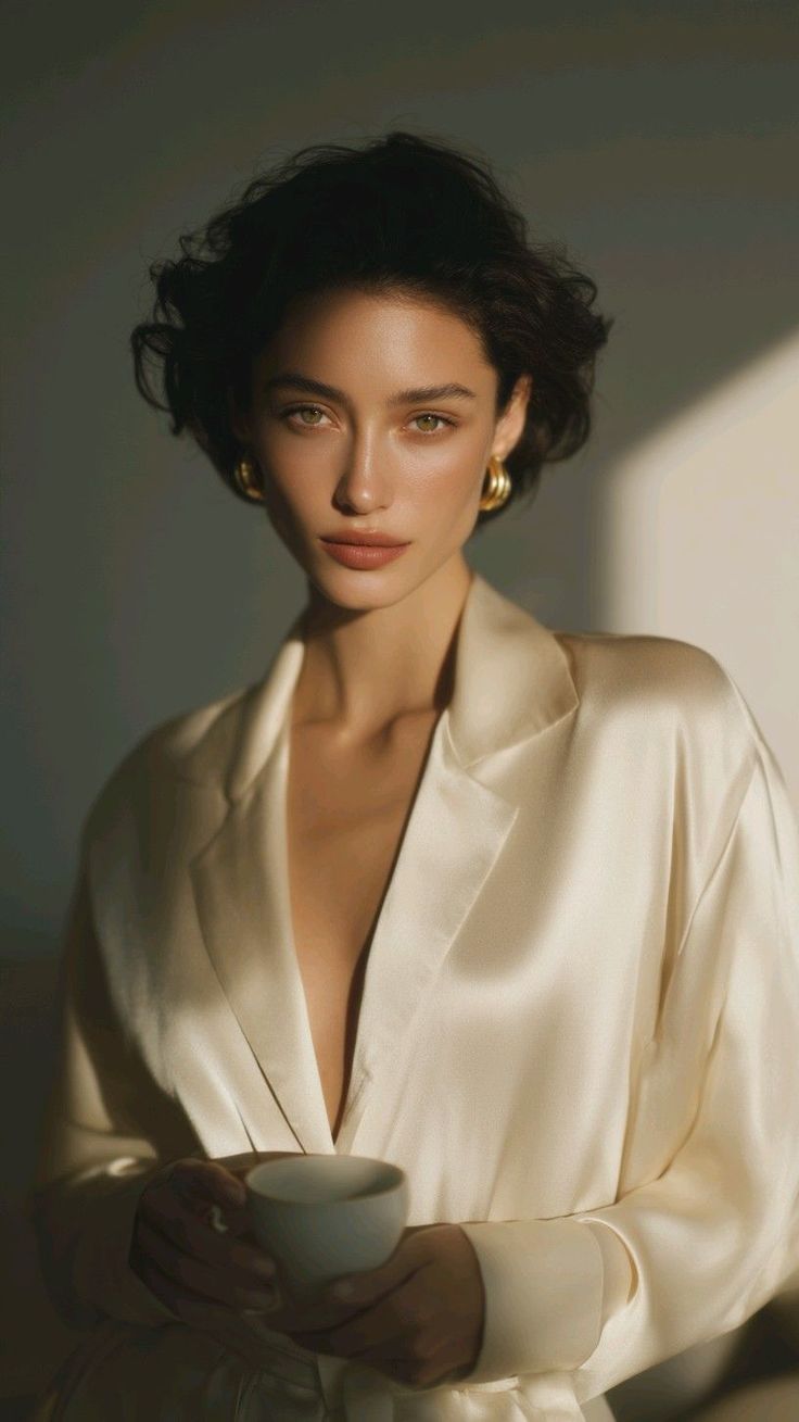 Woman with short dark hair in a silk robe holding a cup, with soft lighting