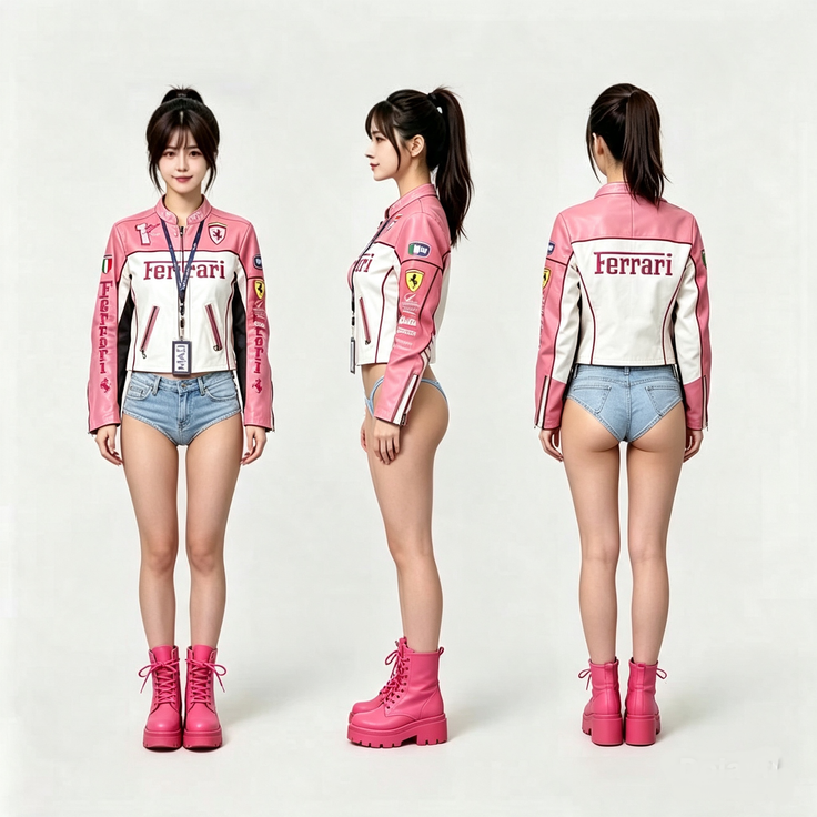 Woman in a pink jacket, denim shorts, and pink boots shown from multiple angles