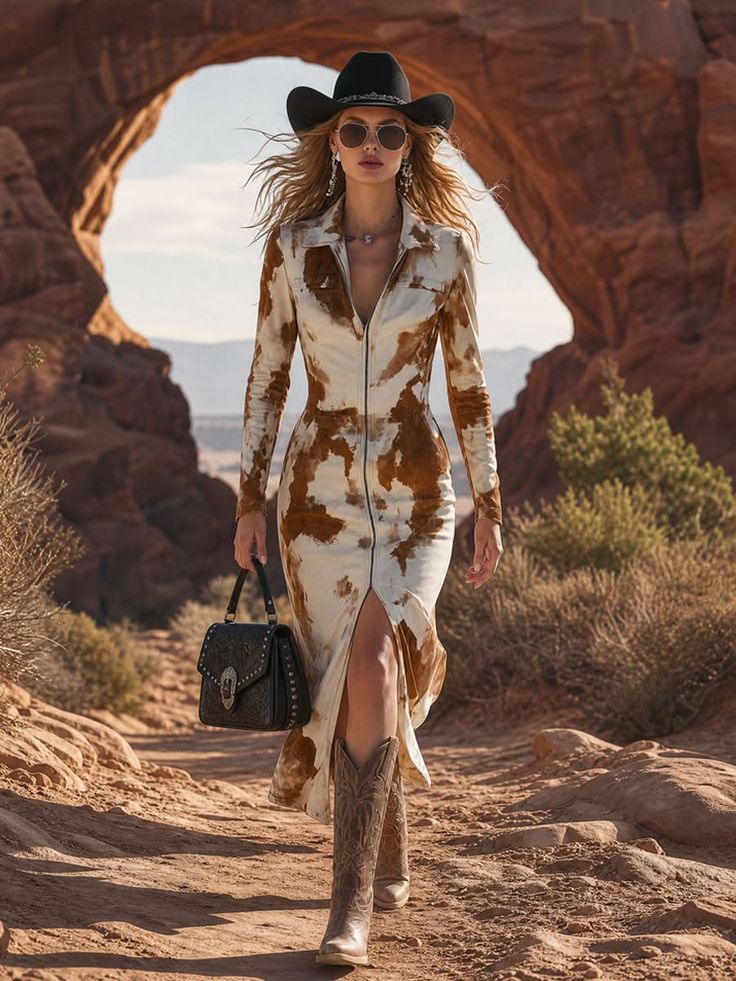 Woman in a cow print dress and cowboy hat walking through a desert landscape