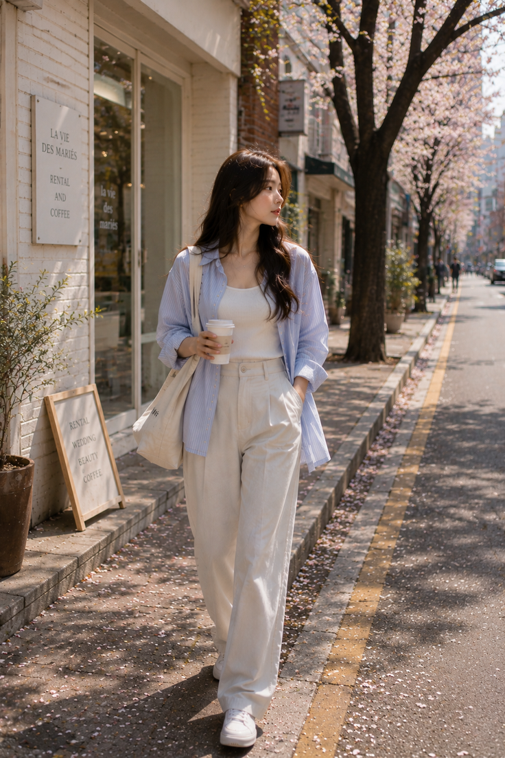 Woman in a striped shirt and wide leg pants walking on a street with cherry blossoms