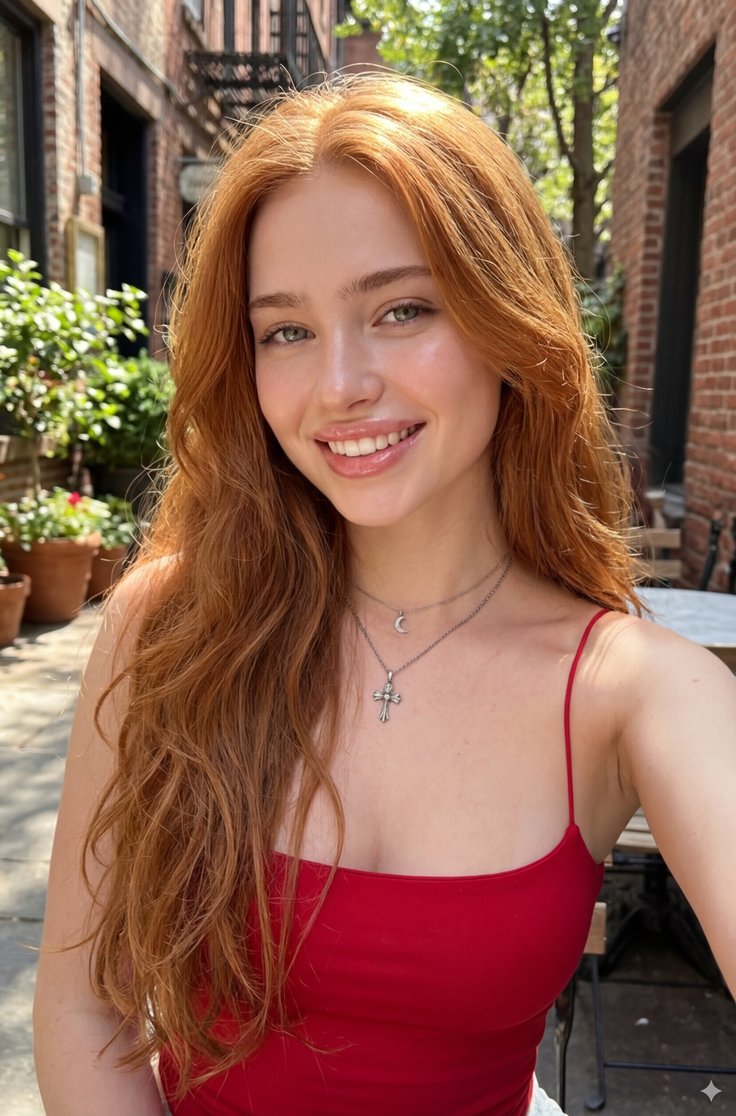 Woman with long red hair and a red top smiling outdoors