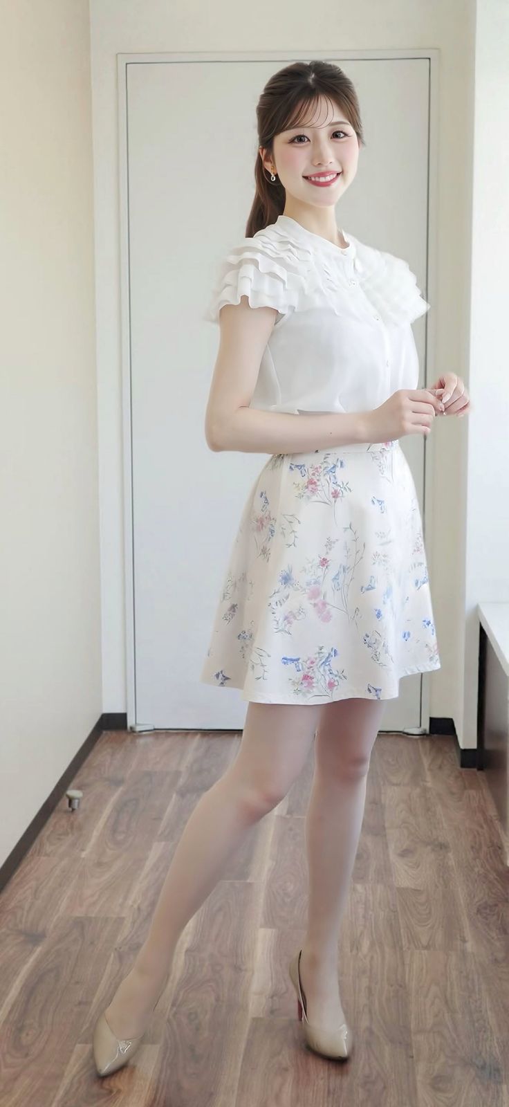 Woman in a white ruffled blouse and floral skirt standing indoors