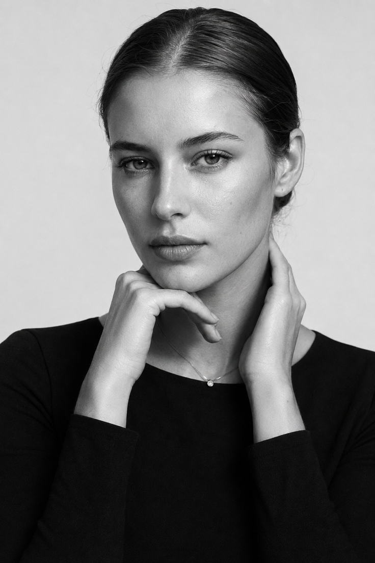 Woman with pulled back hair and a simple necklace in a black and white portrait