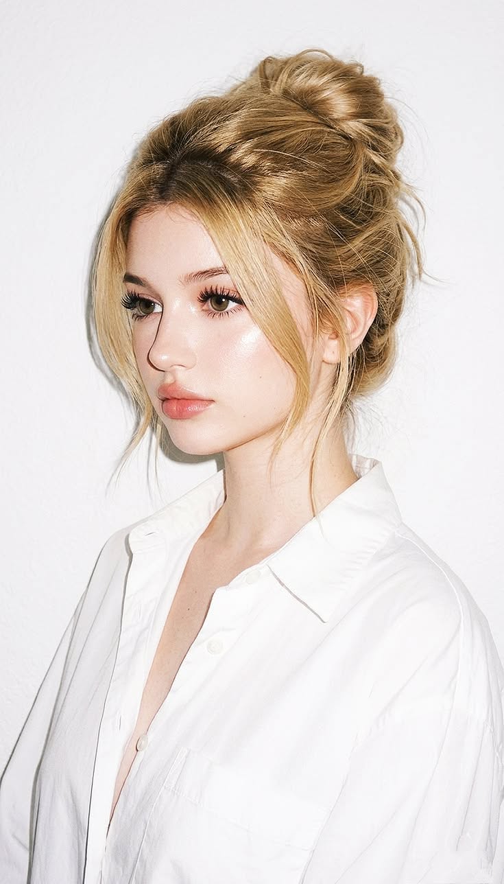 Woman with blonde hair in a messy bun wearing a white shirt