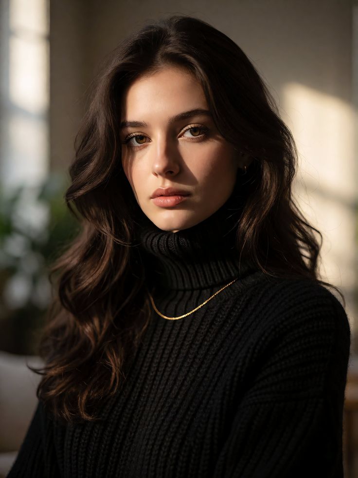 Woman with long dark hair wearing a black turtleneck and gold chain indoors
