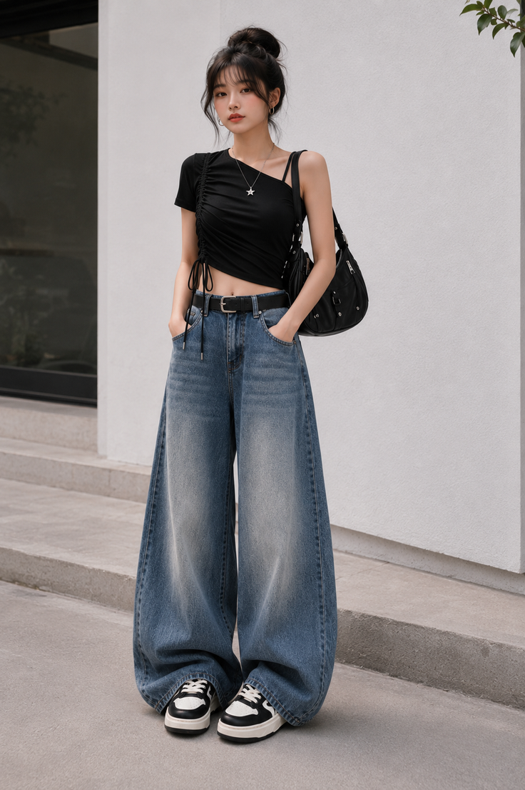 Woman in a black top and wide leg jeans with a black handbag