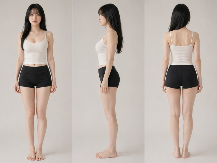 Woman in a white tank top and black shorts shown from front, side, and back