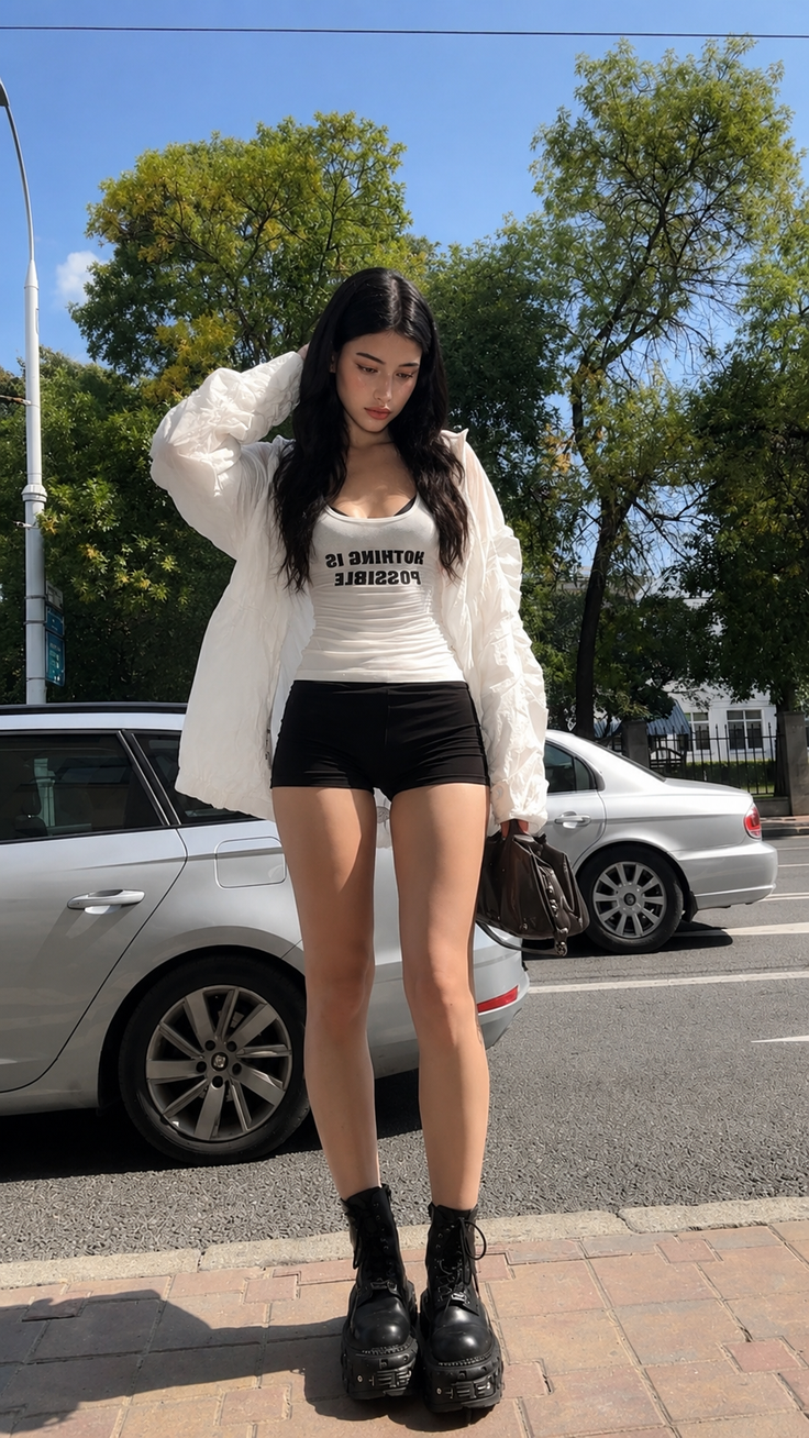 Woman in a white tank top and black shorts with platform boots on a street