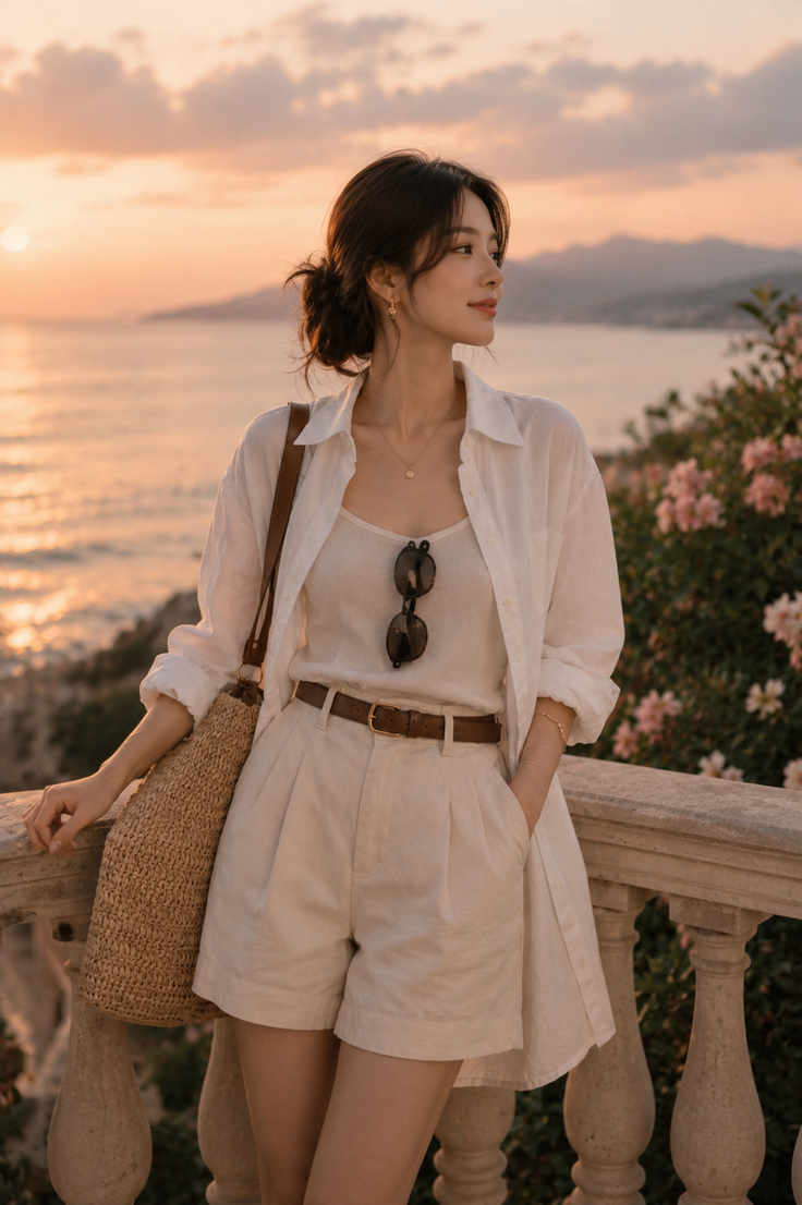 Woman in a white shirt and shorts standing on a balcony at sunset