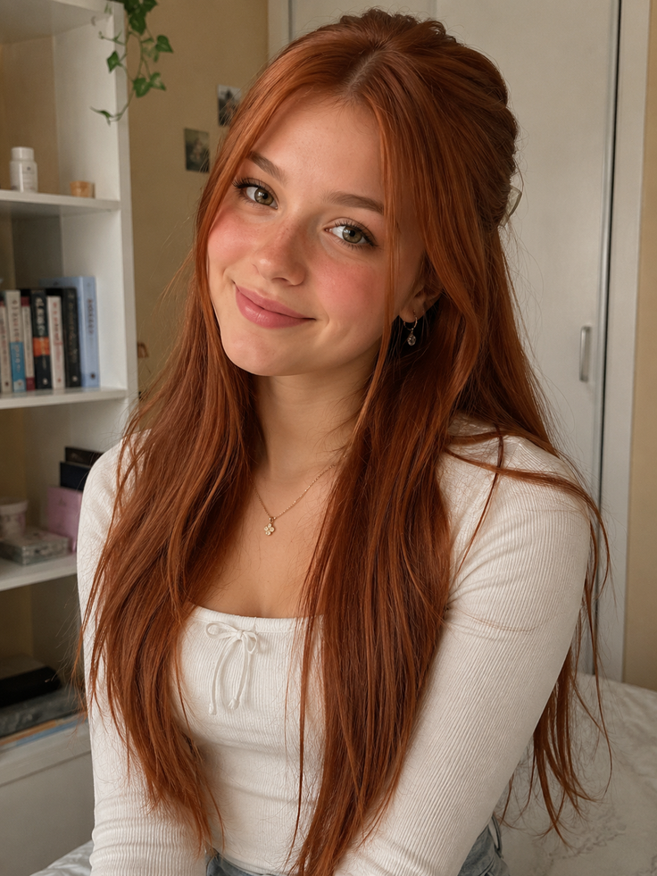 Woman with long red hair and freckles wearing a white top indoors