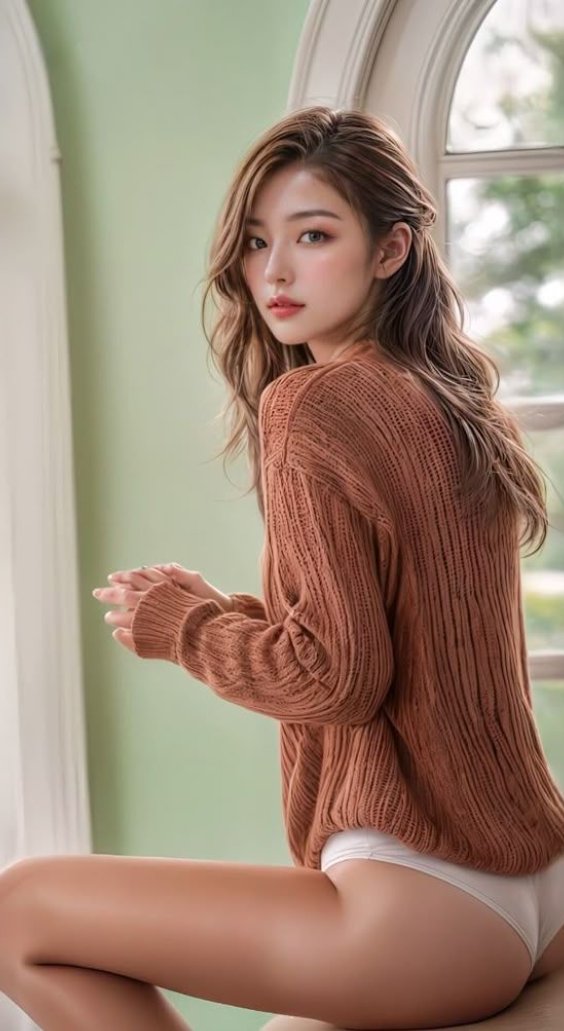 Woman with long hair wearing a brown sweater and white underwear indoors