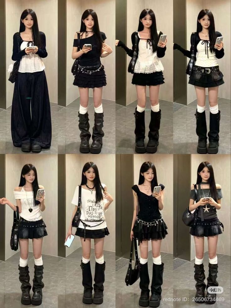 Multiple women in various dark-toned, layered outfits with platform boots