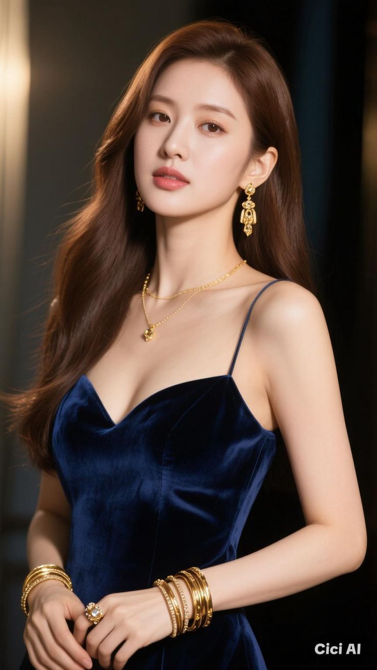 Woman in a blue velvet dress with gold jewelry and long brown hair
