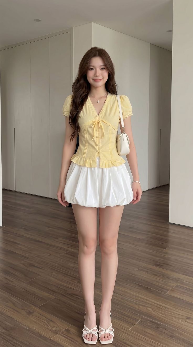 Woman in a yellow top and white bubble skirt standing indoors