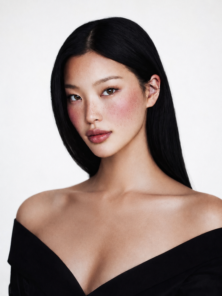 Woman with long black hair and freckles wearing an off-shoulder top