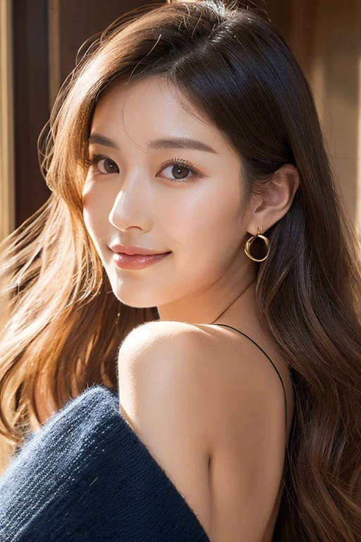 Woman with long brown hair and gold earrings, looking over her shoulder