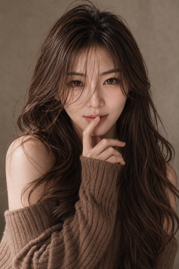 Woman with long brown hair wearing a brown off-shoulder sweater