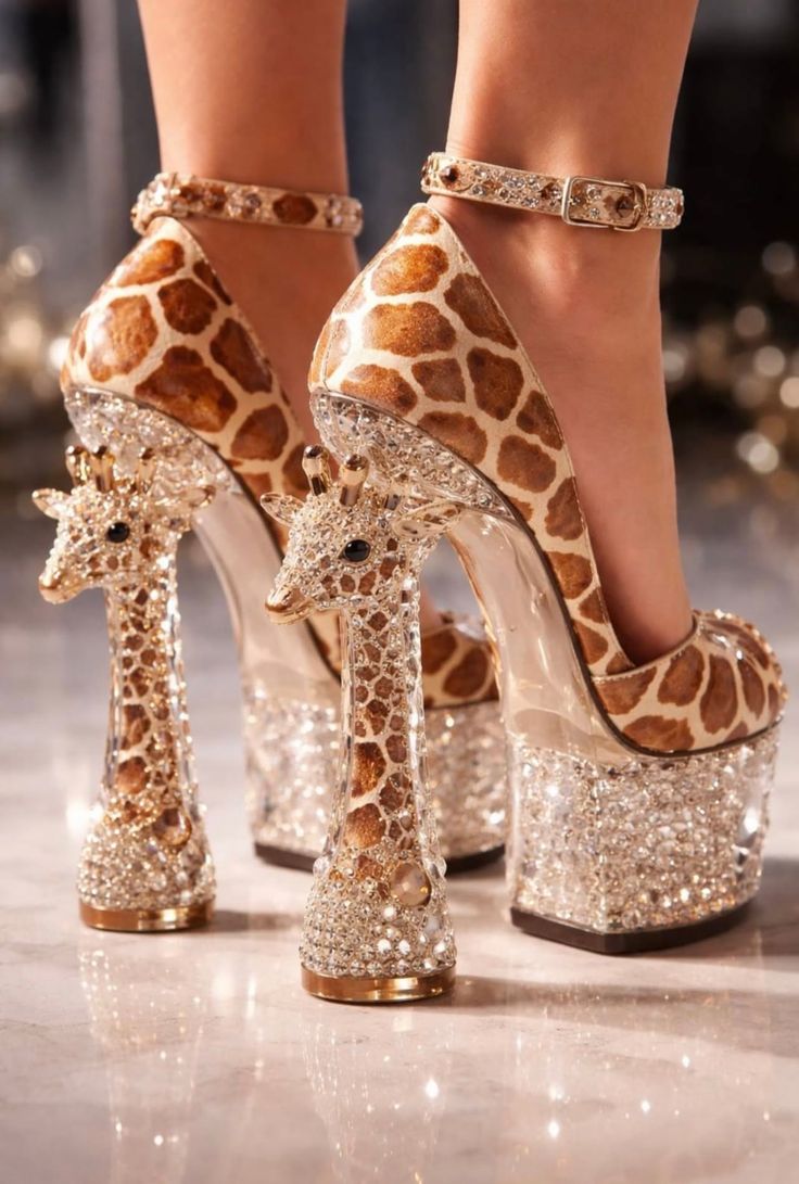Pair of high heels with giraffe print and rhinestone-encrusted giraffe heels