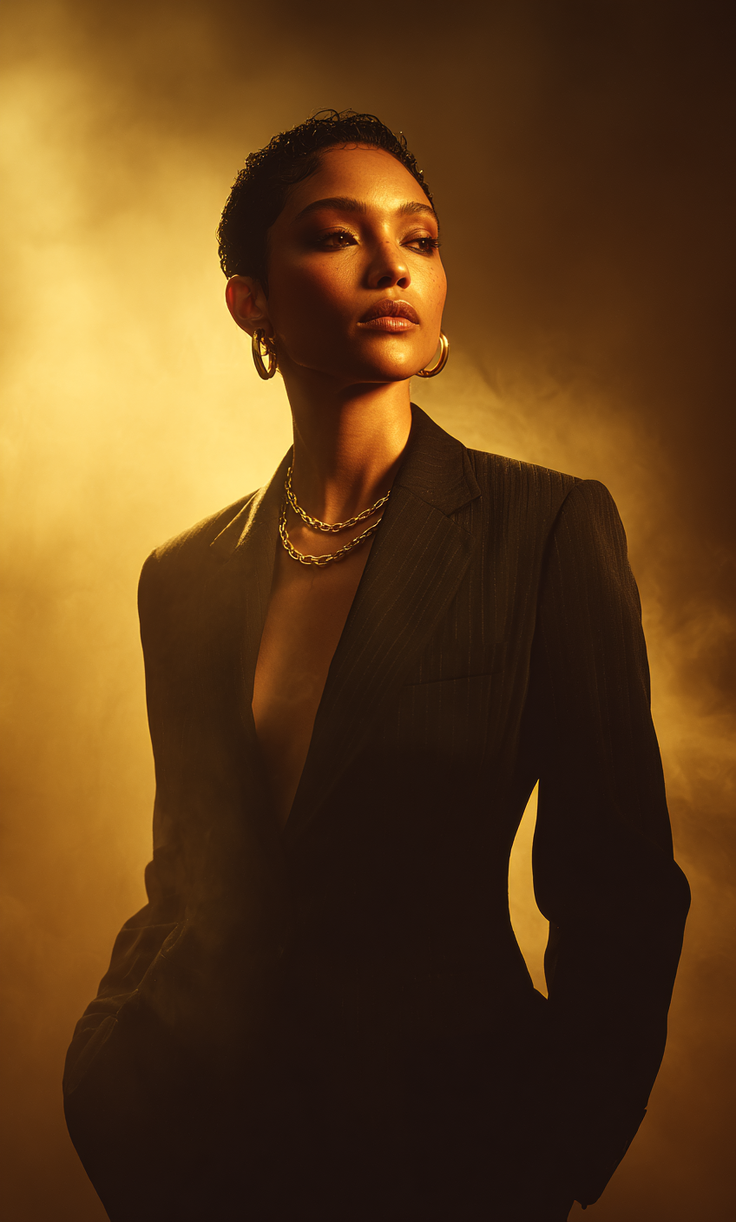 Woman in a suit jacket with exposed skin and jewelry in dramatic warm lighting