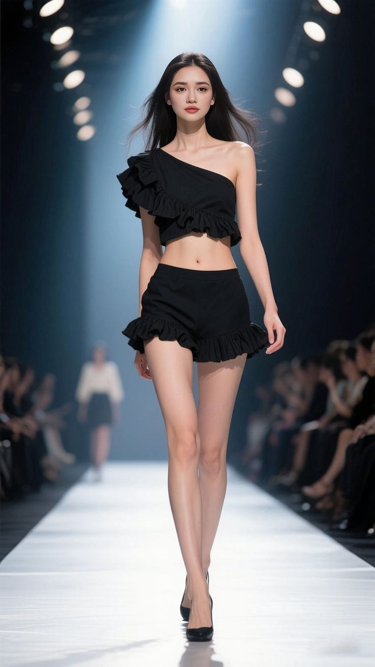Runway model in a black ruffle top and shorts on a catwalk