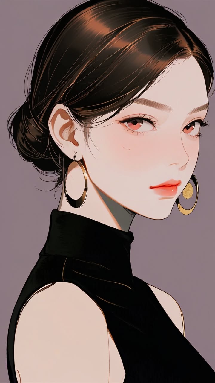 Anime style portrait of a woman with an updo and hoop earrings