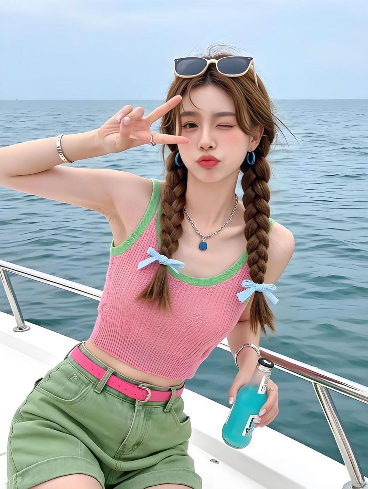 Woman with braids and sunglasses on a boat, winking and making a peace sign