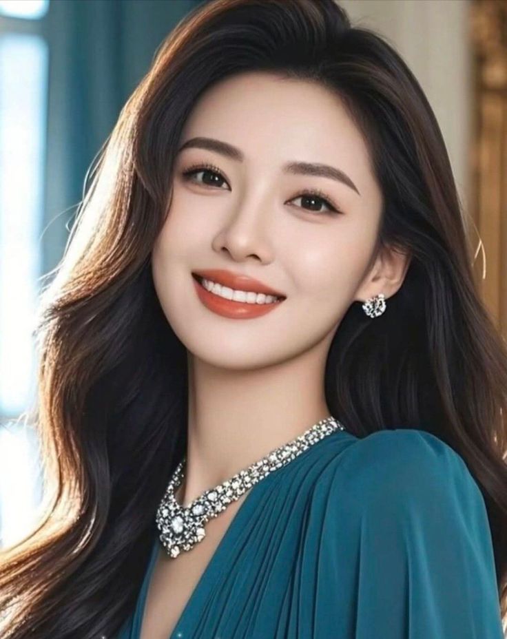 Woman with long wavy hair wearing a teal dress and diamond jewelry