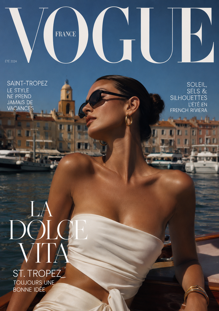 Woman in sunglasses and a strapless top on a boat with a cityscape in the background