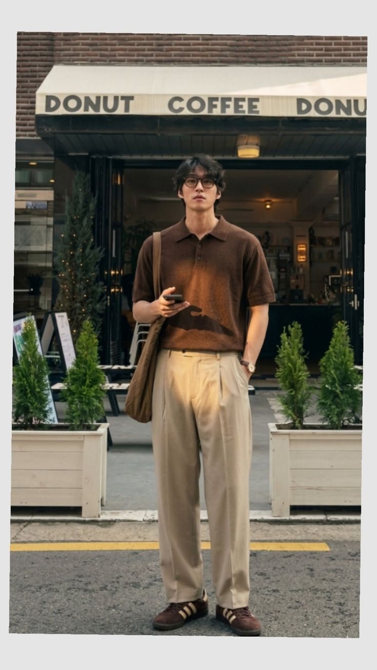 Man in a brown polo shirt and khaki pants standing outside a coffee shop