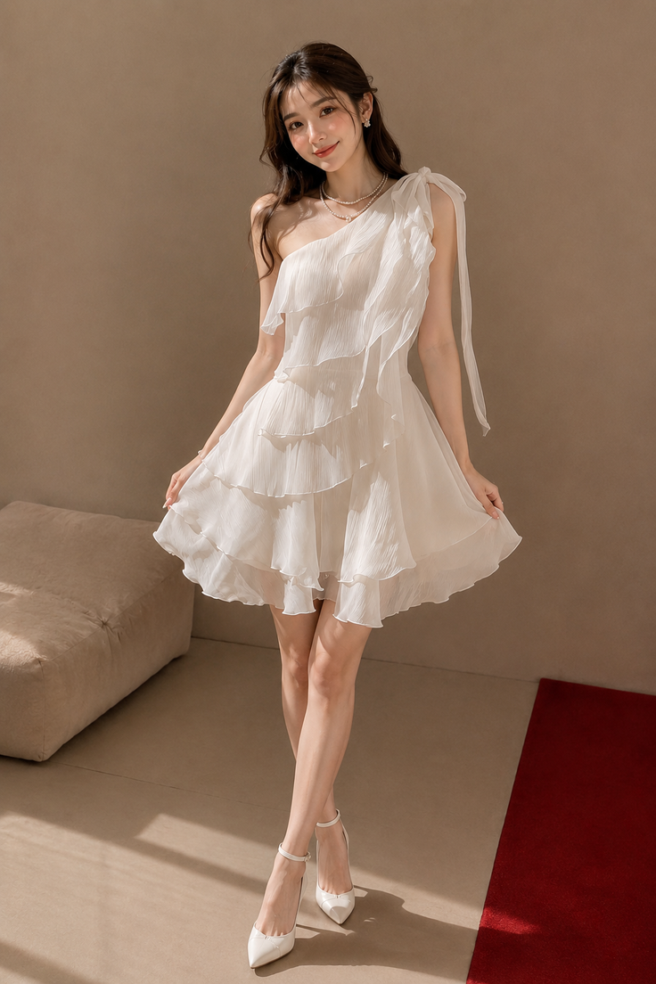 Woman in a white ruffled one-shoulder dress and high heels indoors
