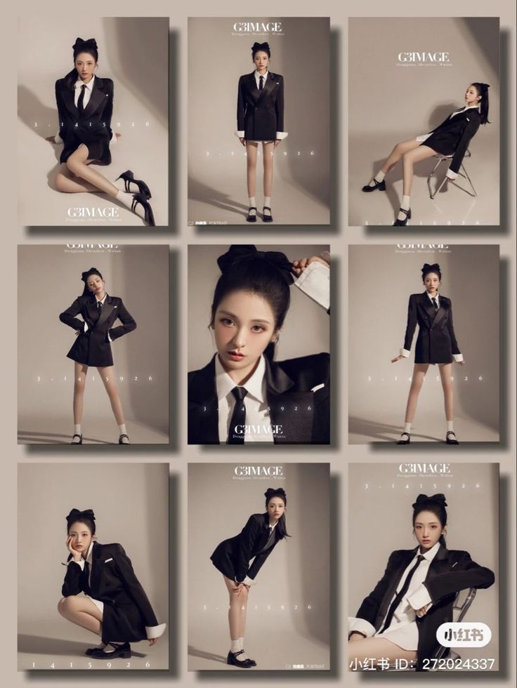 Woman in a black blazer and white shirt posing in a studio