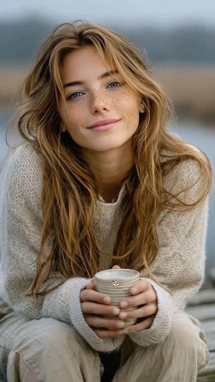 Woman with long hair and freckles holding a mug outdoors