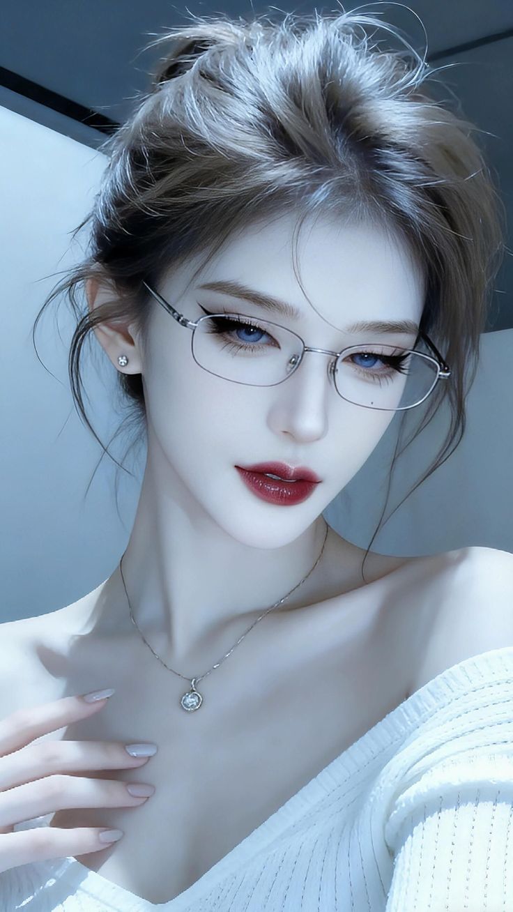 Woman with blue eyes and red lipstick wearing glasses and a necklace