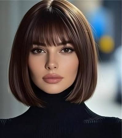 Woman with short brown hair and bangs wearing a black turtleneck