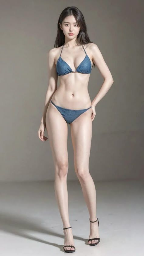 Woman in a blue bikini and high heels posing indoors