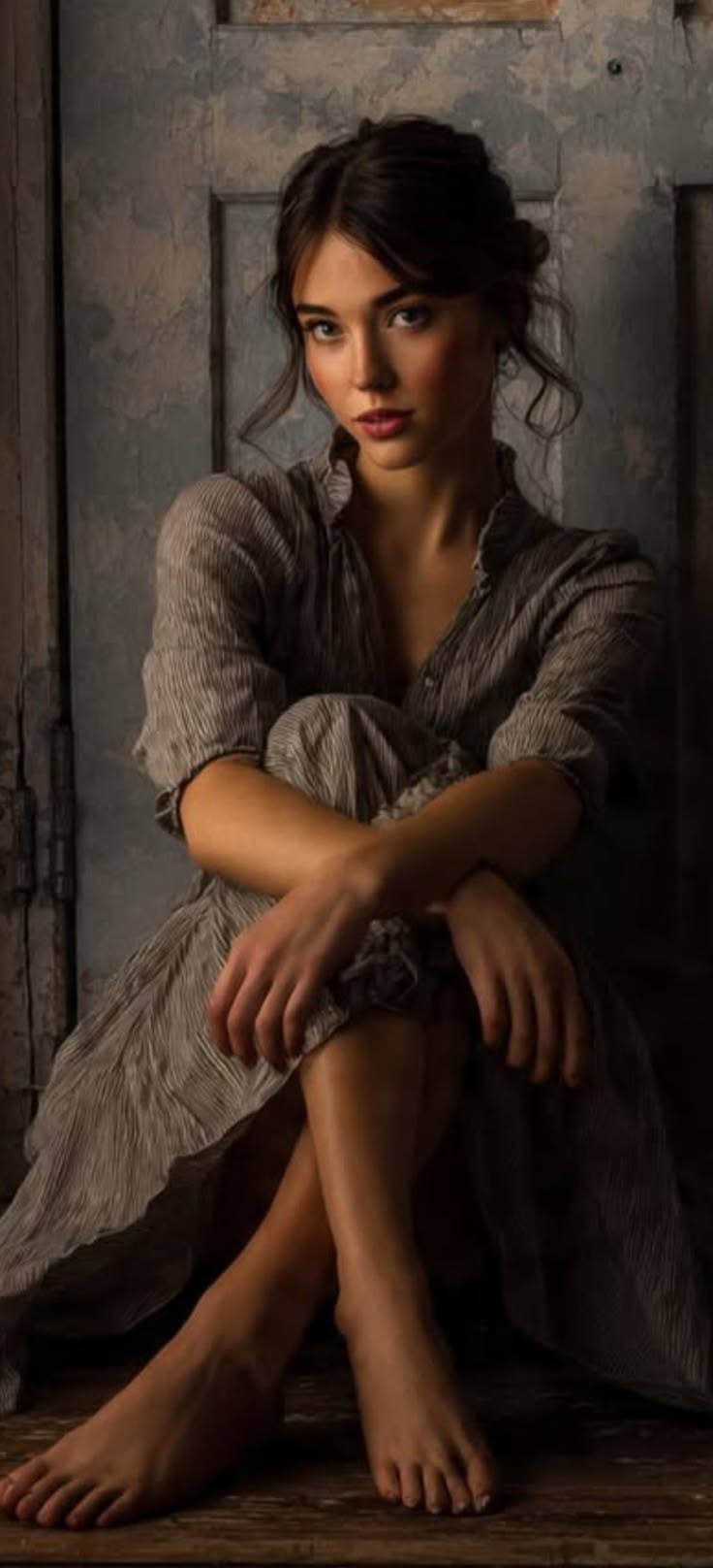 Woman in a long dress sitting barefoot indoors with soft lighting