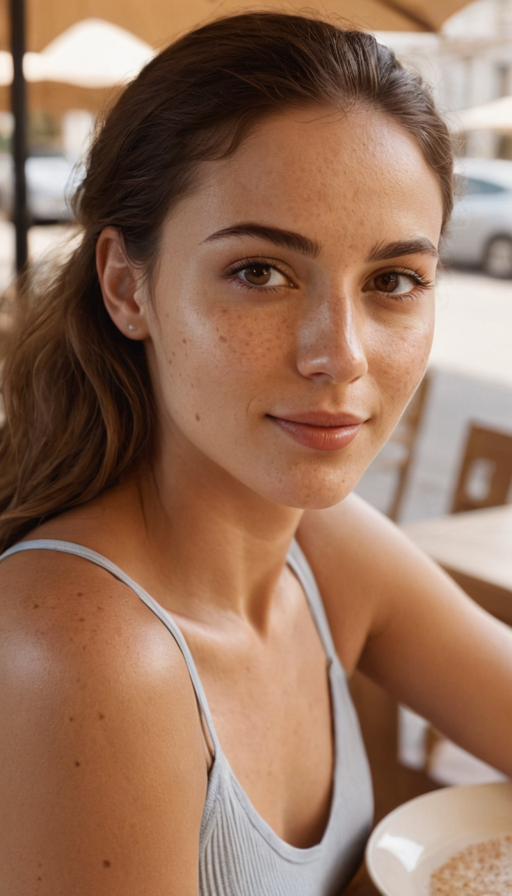 Woman with freckles and long hair wearing a light blue top outdoors