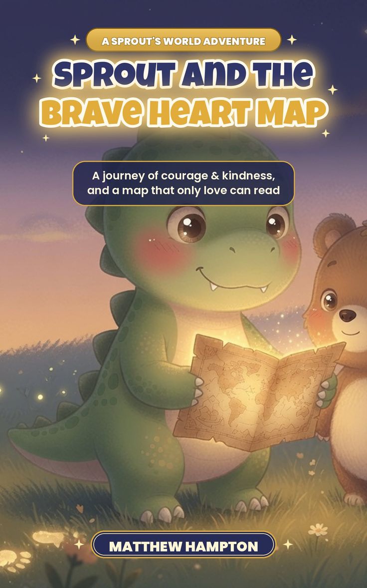 Cute dinosaur and bear looking at a glowing map at night