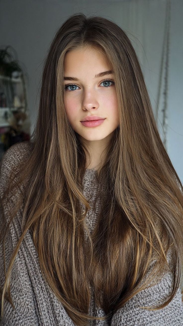 Young woman with long brown hair and blue eyes wearing a knitted sweater