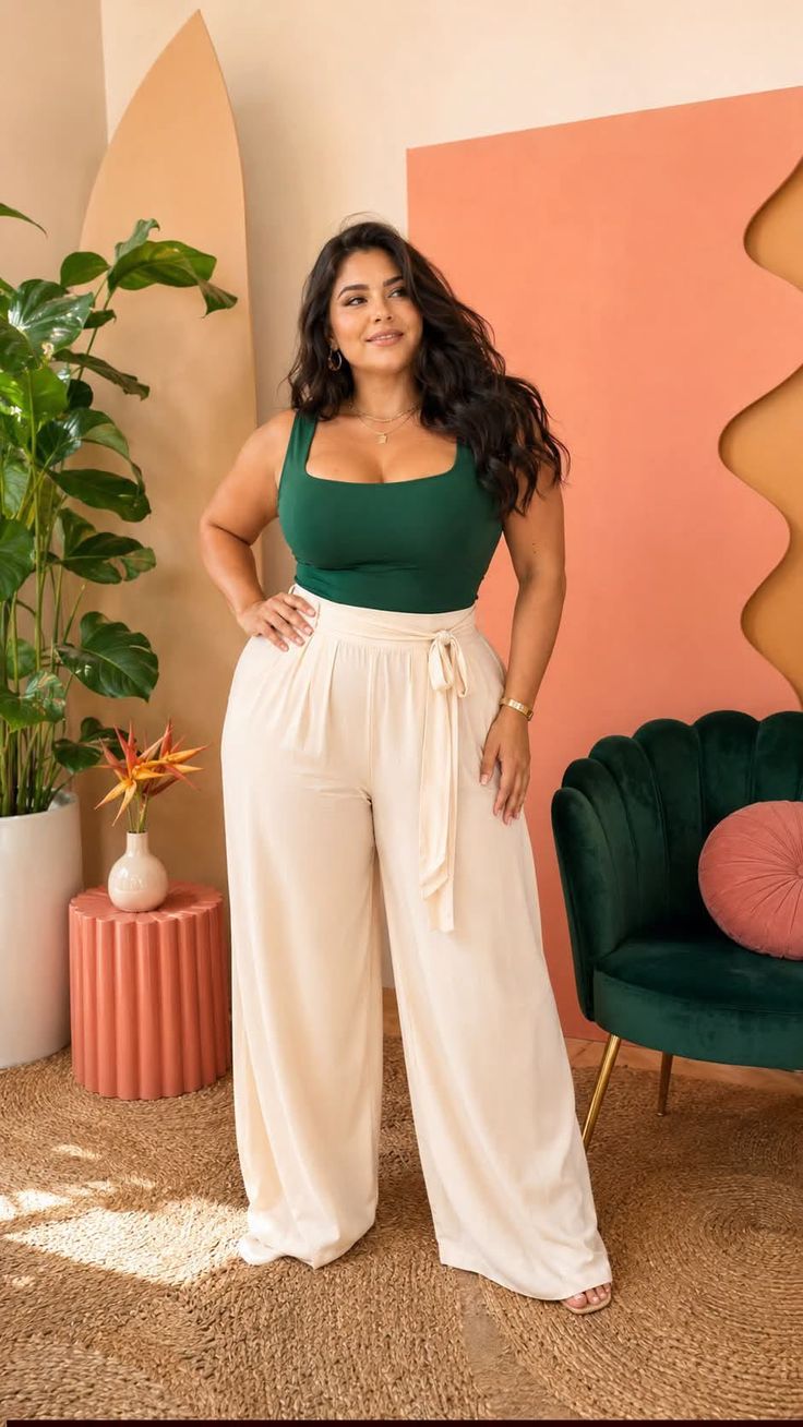 Woman with long dark hair wearing a green top and wide leg pants indoors