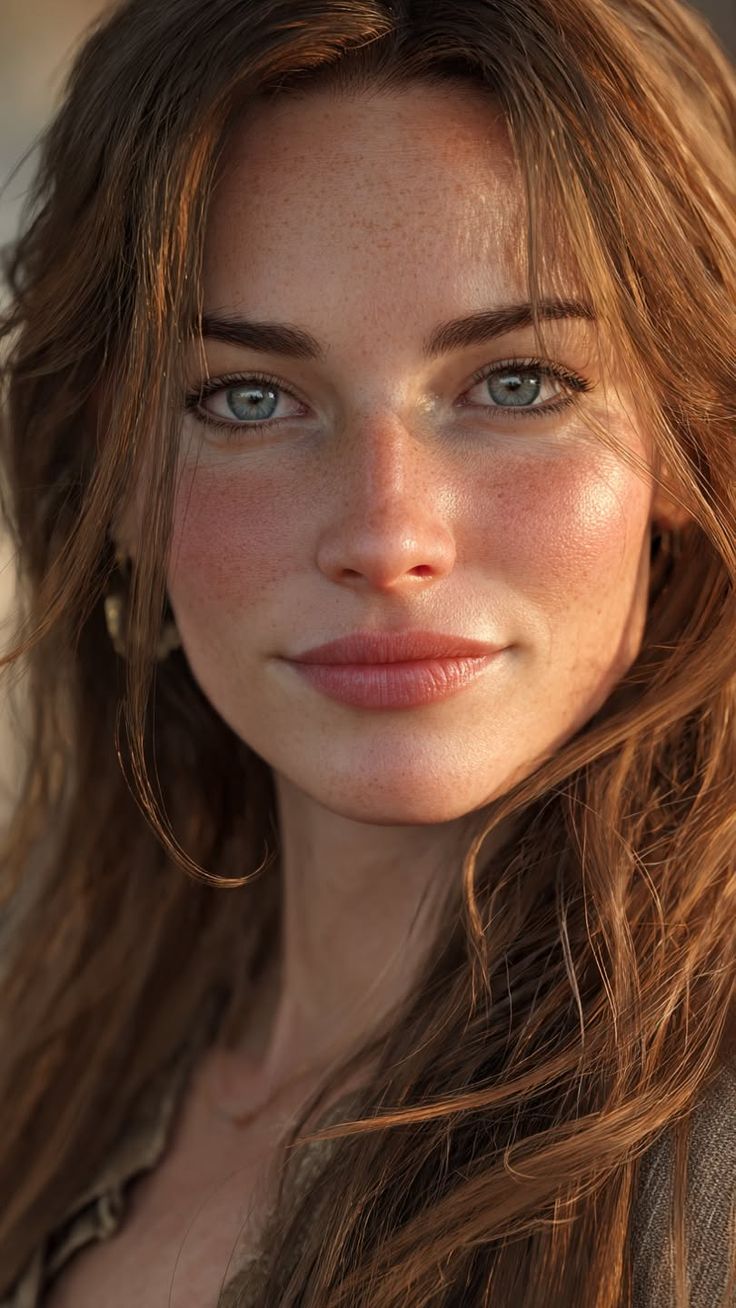 Close up portrait of a woman with long hair, blue eyes, and freckles in golden hour light