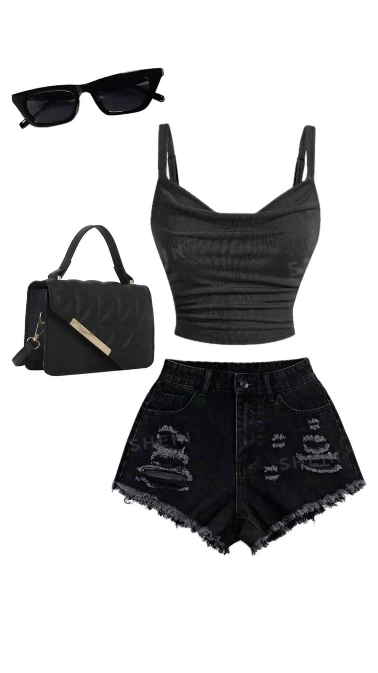 Black crop top, distressed denim shorts, handbag, and sunglasses on white background