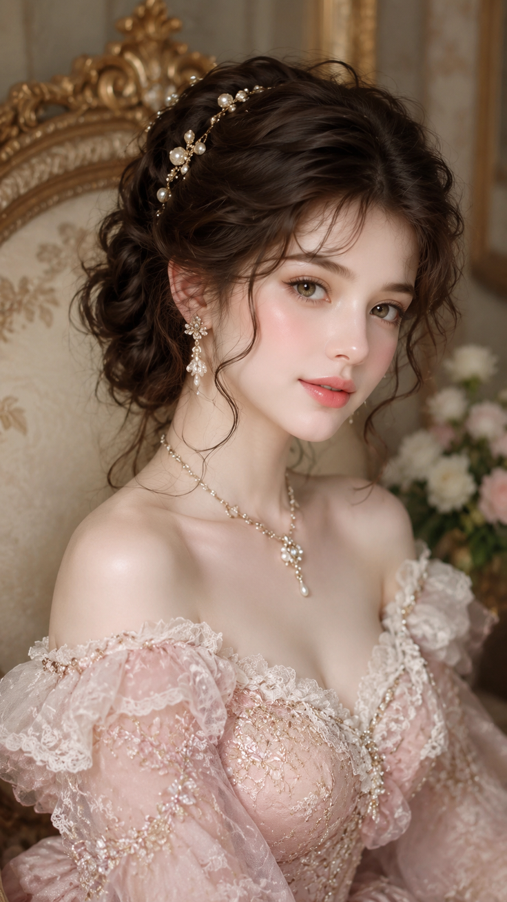 Woman in a pink rococo-style dress with intricate jewelry and an updo