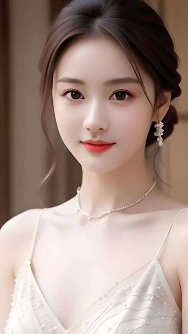Woman with an elegant updo, wearing pearl earrings and a necklace
