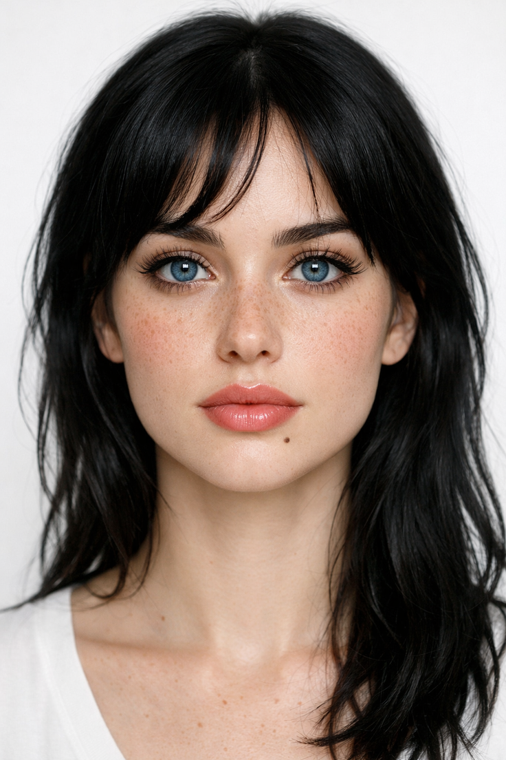 Woman with blue eyes, black hair, and freckles looking directly at the camera