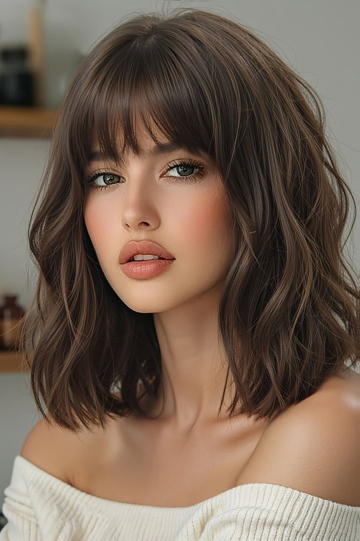 Woman with short brown hair and bangs wearing an off-shoulder top