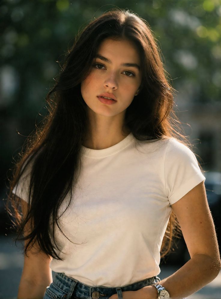 Woman with long dark hair wearing a white t-shirt and jeans outdoors