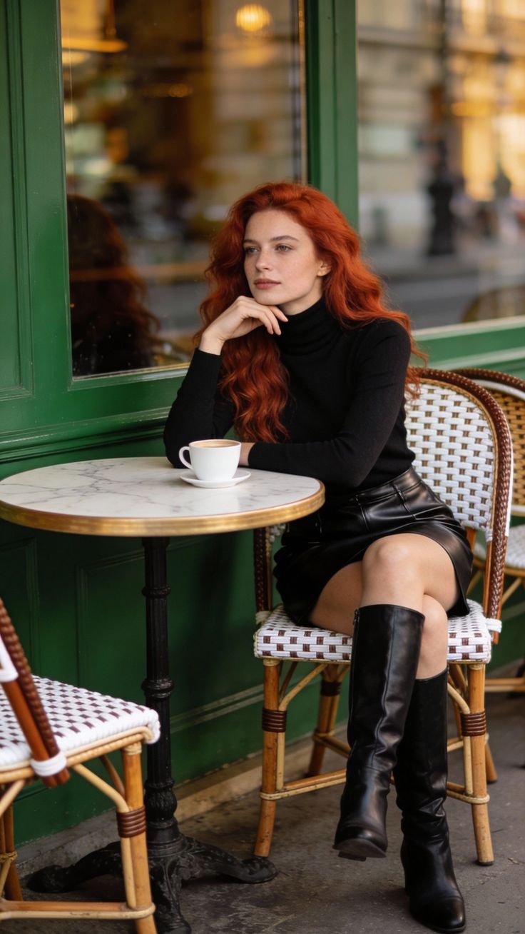 Woman with red hair in a black turtleneck and leather skirt at an outdoor cafe