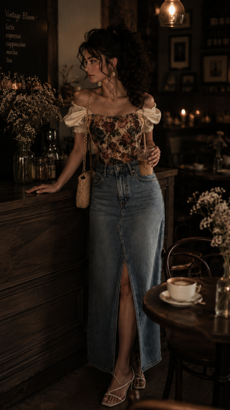 Woman in a floral top and denim skirt standing in a dimly lit cafe
